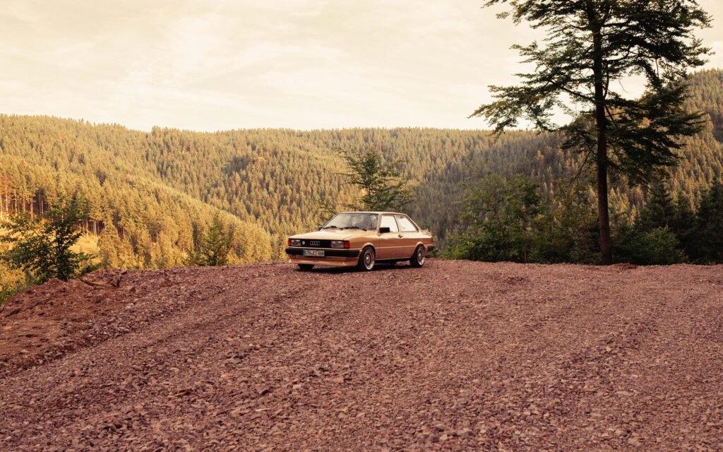 Heller Audi 80 auf einer Lichtung mit Waldpanorama
