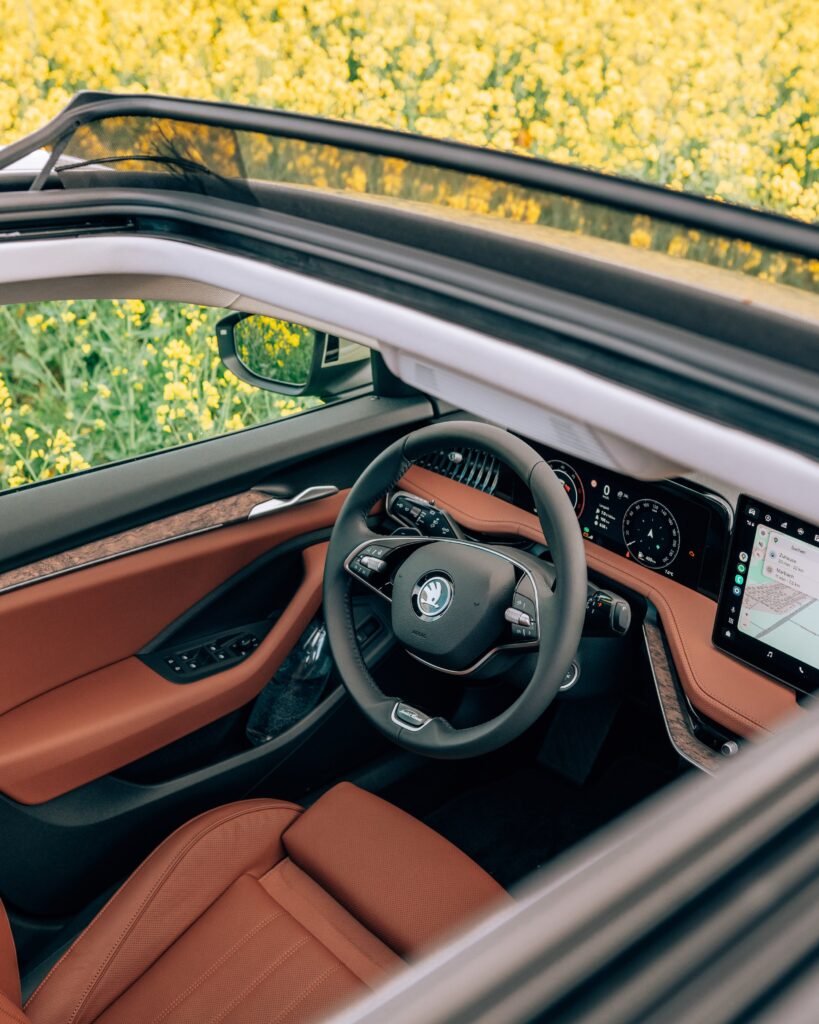 Lenkrad und braunes Interieur eines offenen Cabrios