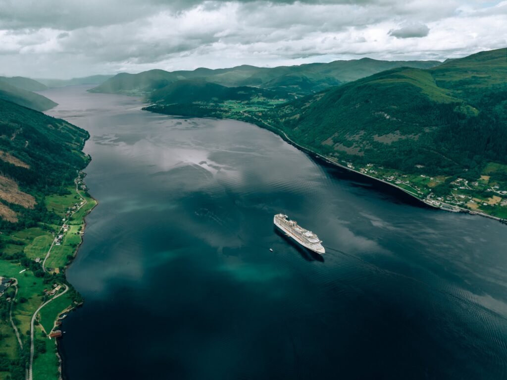 Luftaufnahme eines Fjords mit Kreuzfahrtschiff