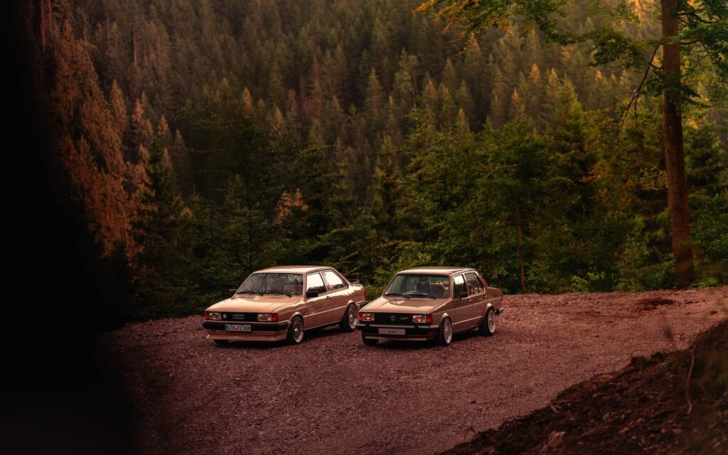 Audi 80 und VW Jetta vor einer bewaldeten Landschaft